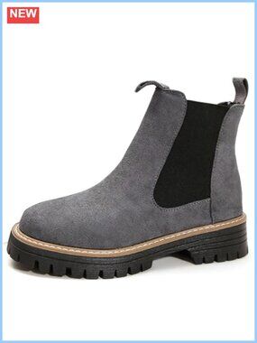 Faux Suede Chunky Chelsea Ankle Boots Platform Slip On Work Booties